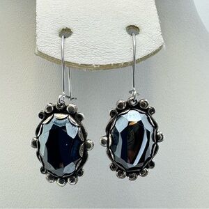 Sterling Silver Hematite Drop Earrings Vintage Art Deco Style Dangle Goth Glam